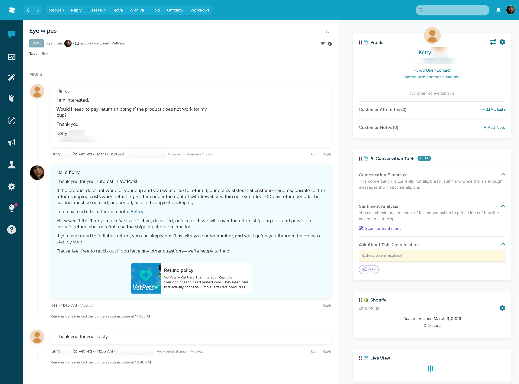 Support thread showing a customer question and the reply