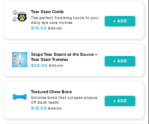 Product cards showing Tear Stain Comb, Tear Stain Trimmer, and Textured Chew Bone