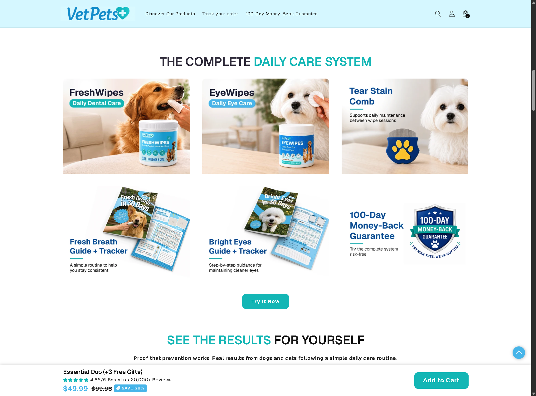 Essential Duo customer testimonials and UGC carousel showing real customers and pets using the products